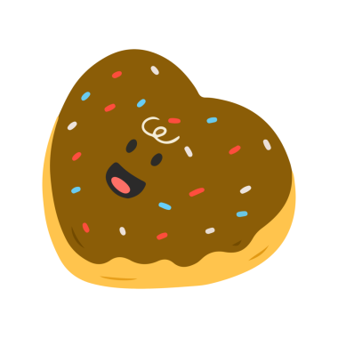 Tatlı kalp şeklinde çikolatalı çörekler serpiştirilmiş ve mutlu yüzlü.