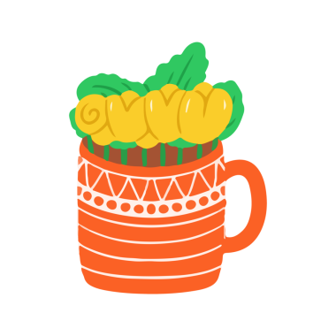 Süslü Turuncu Kupa Sarı Çiçekler ve Yeşil Yapraklar