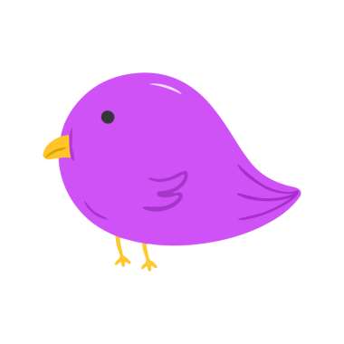 Şirin, mor, yuvarlak kuş çizgi film karakteri düz çizim.