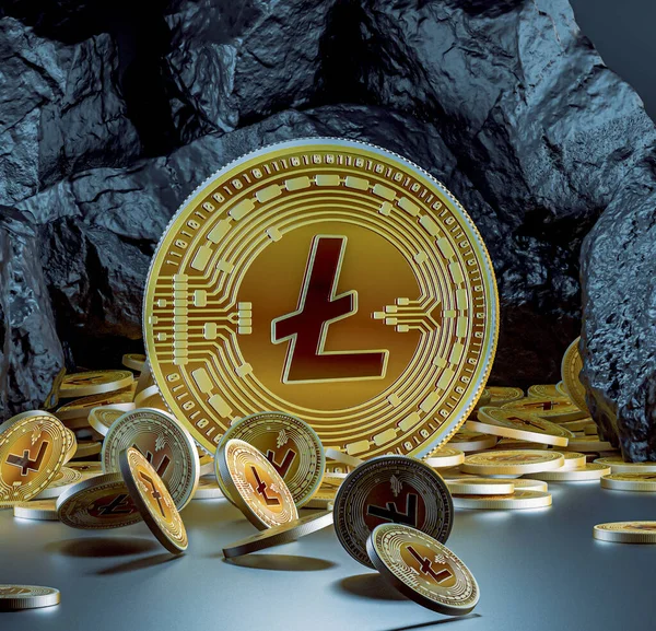 Munten Van Crypto Valuta Litecoin Met Verschillende Stapels Munten Achtergrond — Stockfoto