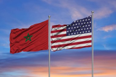 Beautiful national state flags of Morocco and USA together at the sky background. 3D artwork concept clipart