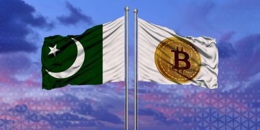 The flag of Pakistan and the Bitcoin flag waving over the blue sky clipart