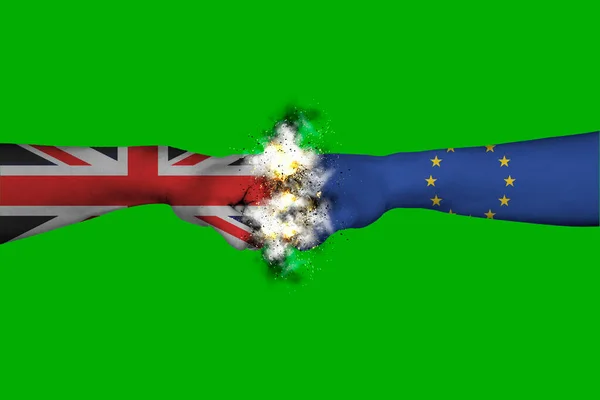 Flags of European Union and UK painted on two clenched fists facing each other on green screen /Tense relationship between European Union and UK