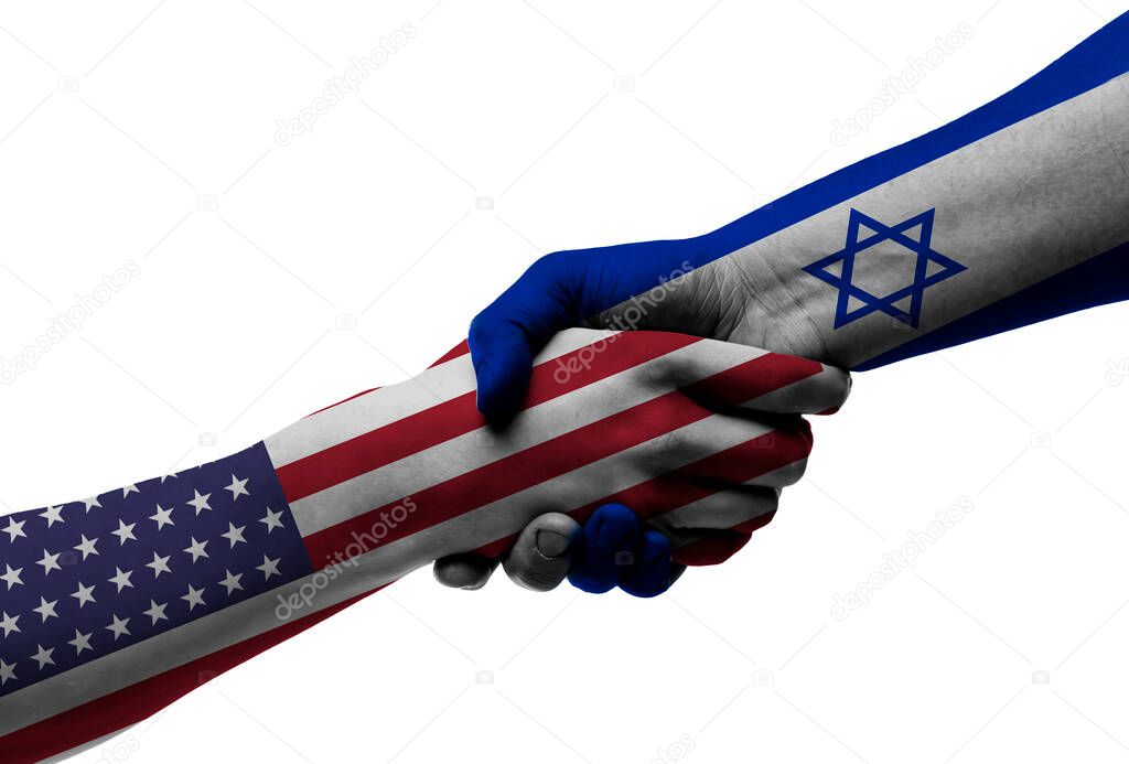 Israel and USA - Flag handshake symbolizing partnership and cooperation with the United States of Americ