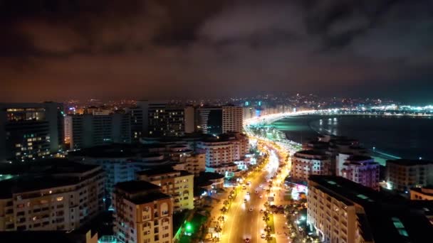 Ταγγέρη Μαρόκο Νυχτερινή Πανοραμική Θέα Της Πόλης Της Ταγγέρης Corniche — Αρχείο Βίντεο