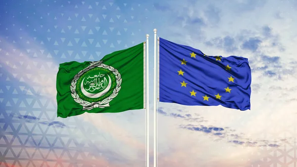 Arab Államok Ligája Európai Unió Zászlója Zászlórúdon Kék Égen — Stock Fotó
