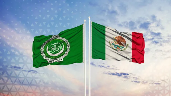 Arab Liga Mexikó Zászlója Lobogott Szélben Fehér Felhős Kék Ellen — Stock Fotó