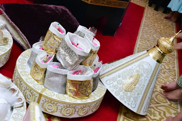 Moroccan Tyafer, traditional gift containers for the wedding ceremony, decorated with ornate golden embroidery.Moroccan henna .Moroccan wedding gifts for the brid