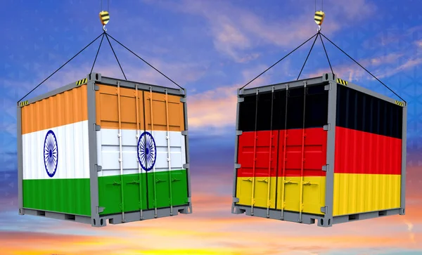 Trade exchanges between Germany and India . Germany and India flags  .On containers, cloudy sky background , banner. 3d illustratio