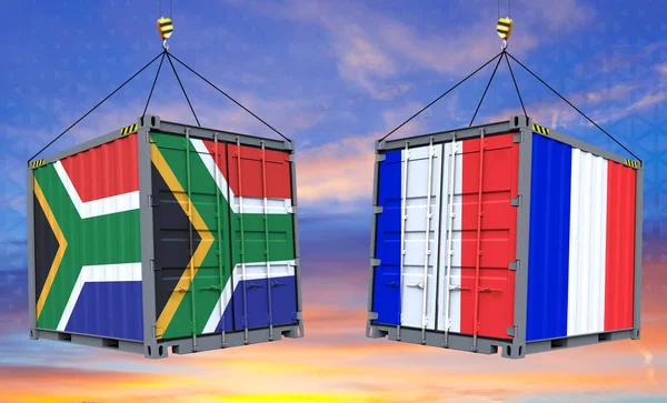 Intercambios Comerciales Entre Sudáfrica Francia Banderas Sudáfrica Francia Sobre Contenedores — Foto de Stock