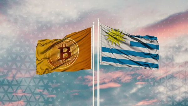 uruguay flag and Bitcoin Flag waving over blue sky