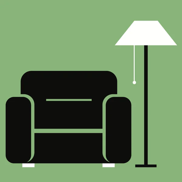 Flat vector illustration. Furniture icon. Comfortable chair with a floor lamp. — Stock Vector