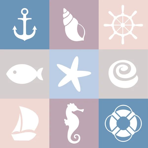 海のアイコンのセットです。シェル、ヒトデ、魚、アンカー、ステアリング ホイール、救命浮輪、船、海の馬. — ストックベクタ