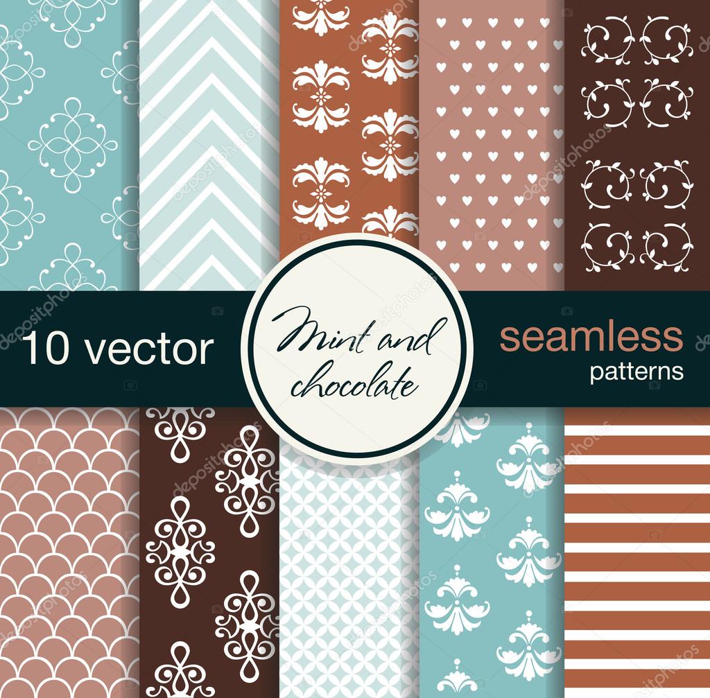 10 seamless vector patterns. Mint and chocolate shades. Beautiful twisted patterns.