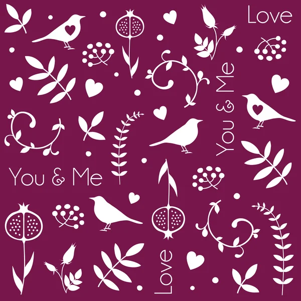 Abstract floral pattern with birds, hearts, leaves of trees, flowers and berries. Romantic seamless vector pattern for Valentine's Day or wedding. — Stock Vector