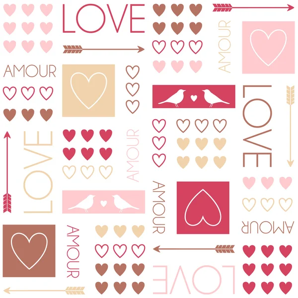 Patroon voor geschenkverpakking. Vogels en harten. Romantische naadloze vector patroon voor Valentijnsdag of bruiloft. — Stockvector