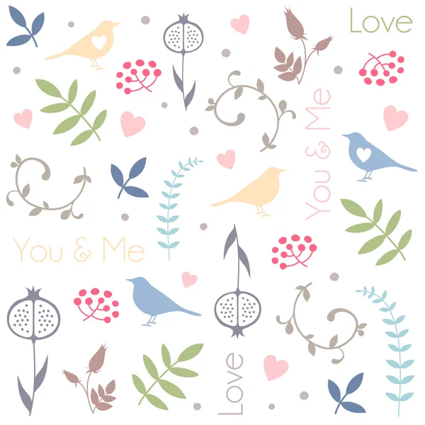 Abstract floral pattern with birds, hearts, leaves of trees, flowers and berries. Romantic seamless vector pattern for Valentine's Day or wedding. — Stock Vector