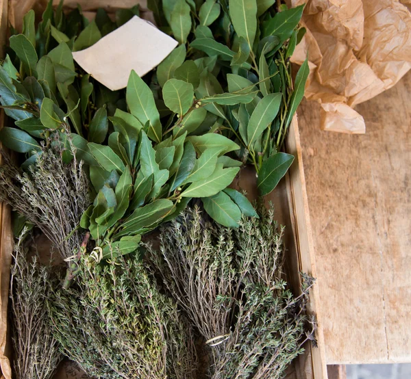 Fresh herbs. A bunch of bay leaf and thyme. — Stock Photo, Image