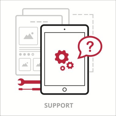 İş ikonları/simgeleri. Destek. Düz vektör çizim. Kutsal kişilerin resmi web sitesi için özetlenen.