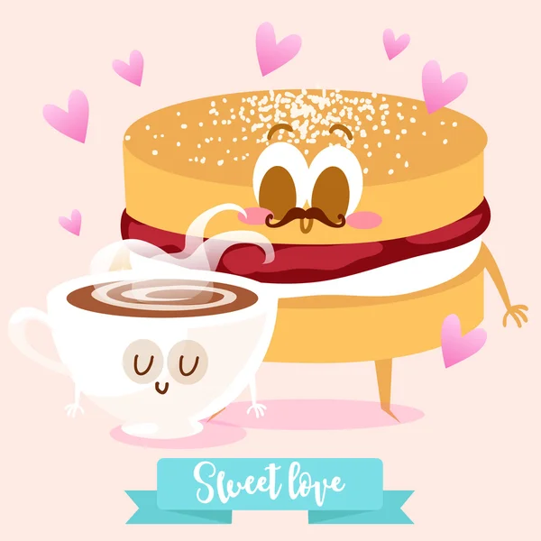 Carte postale Saint Valentin. cappuccino et gâteau — Image vectorielle