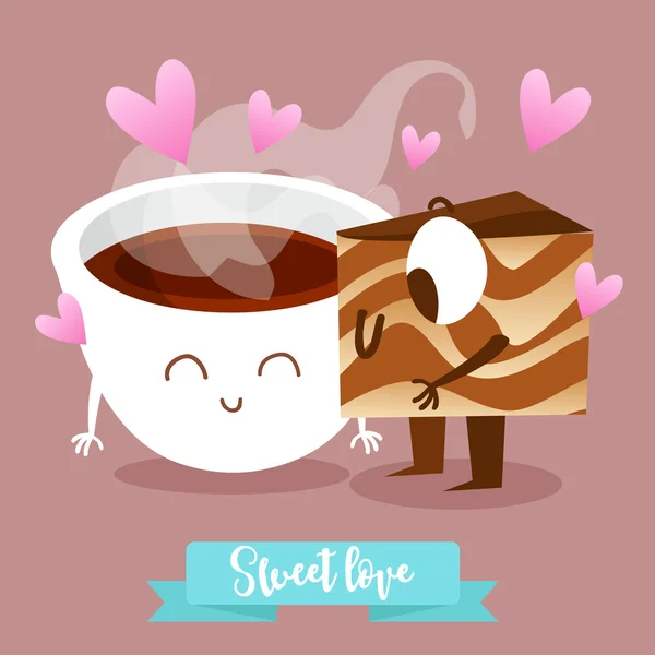 Tarjeta postal de San Valentín. Té y pastel — Vector de stock