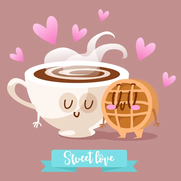 Carte postale Saint Valentin. cappuccino et gaufrettes — Image vectorielle