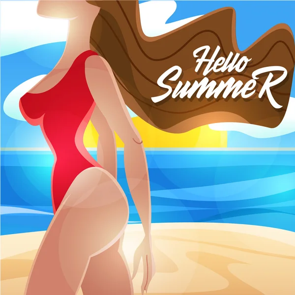 ¡Hola verano! La chica en un estilo de dibujos animados — Vector de stock
