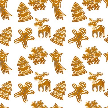 Noel tarzında kusursuz vektör deseni ve Noel eşyaları. Çizgi film tarzında arkaplan.