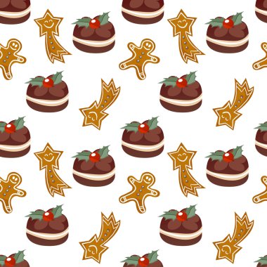 Noel tarzında kusursuz vektör deseni ve Noel eşyaları. Çizgi film tarzında arkaplan.