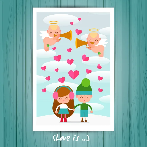 Ευχετήρια κάρτα με ζευγάρι στην αγάπη αγόρι και ένα κορίτσι. — Διανυσματικό Αρχείο
