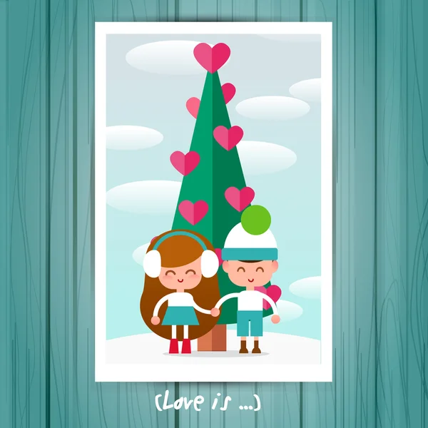 Ζευγάρι στην αγάπη αγόρι και ένα κορίτσι κάτω από το χριστουγεννιάτικο δέντρο — Διανυσματικό Αρχείο