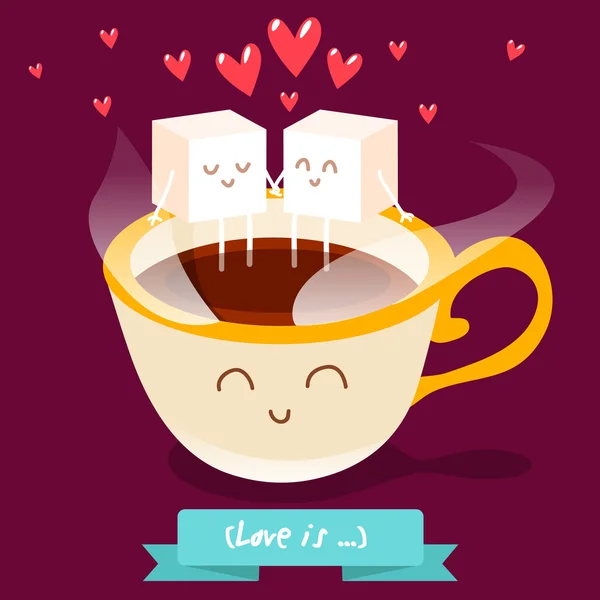Pohlednice Valentýna. Šálek kávy s kousky cukru. — Stockový vektor