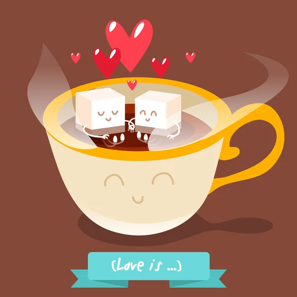 Postcard Valentine's Day. Cup of coffee with pieces of sugar. — Stock Vector