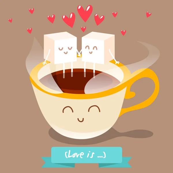Postkarte Valentinstag. Tasse Kaffee mit Zuckerstücken. — Stockvektor
