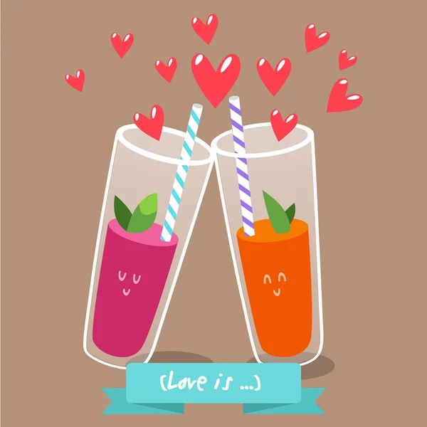 Postal de San Valentín Day.Two vasos de jugo fresco — Vector de stock