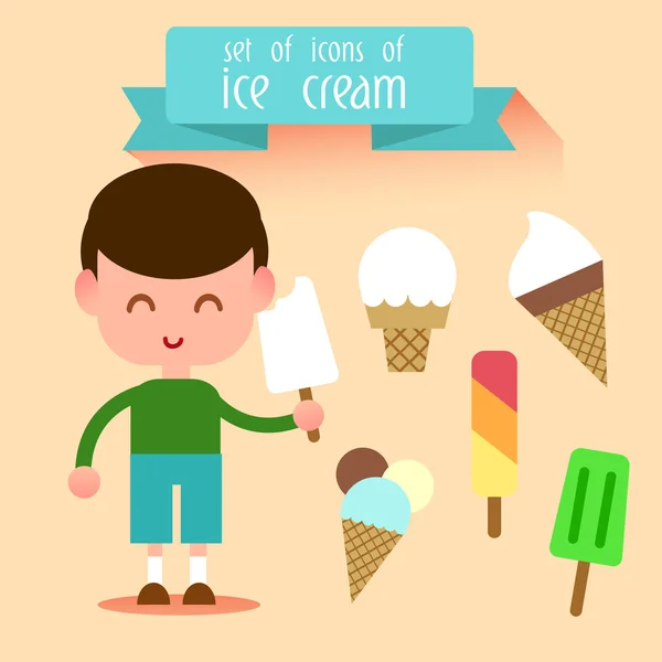 Set van consumptie-ijs met jongen stijl platte. — Stockvector