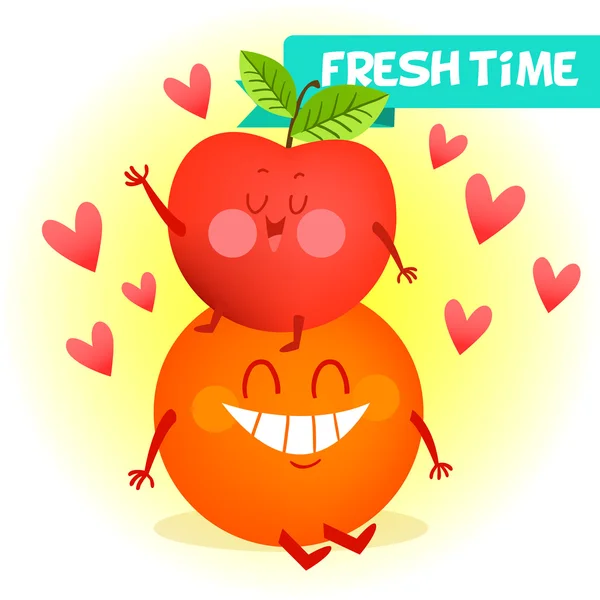 Illustration with funny characters. Love and hearts. Funny food. time fresh. Orange and apple best friends. A couple of fruits — Stock Vector