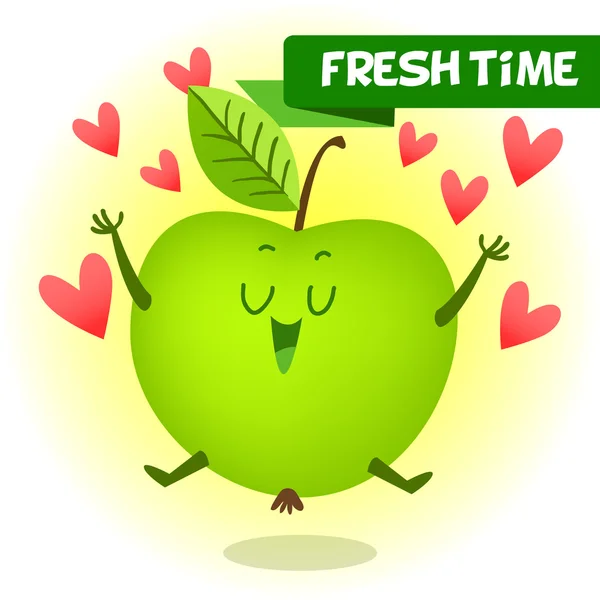 Illustration with funny characters. Jolly green apple. — Stock Vector