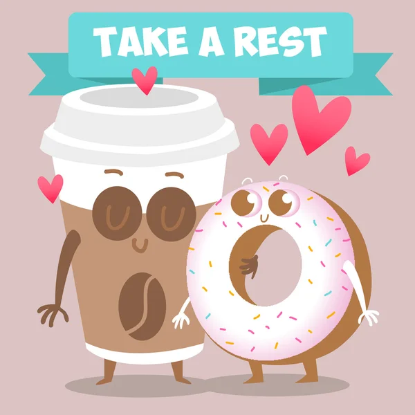 Café e donut casal amoroso — Vetor de Stock