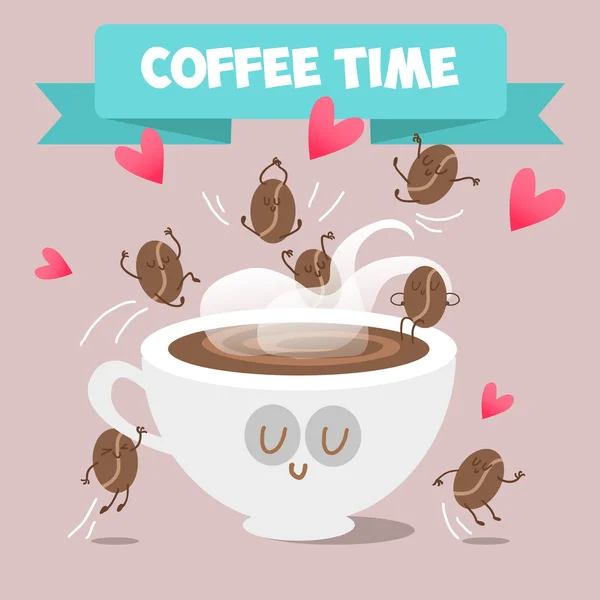 Copa de café y granos de café retozando — Vector de stock