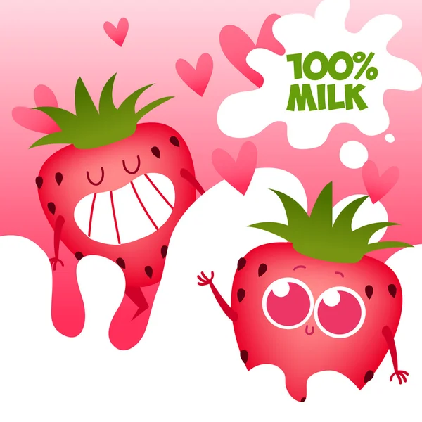 Strawberry fruits falling into the milky splash — ストックベクタ