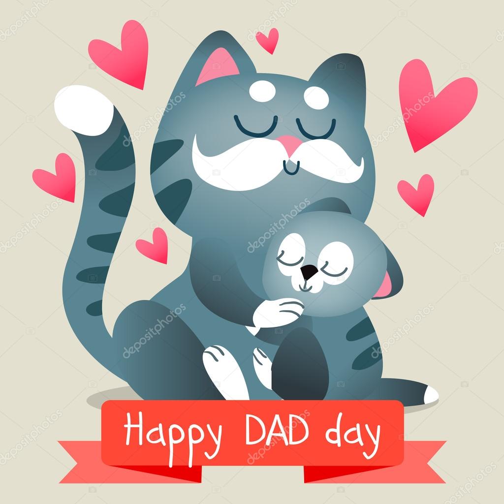 Happy Father's day with cats. Baby and dad together illustration. Cute animals.