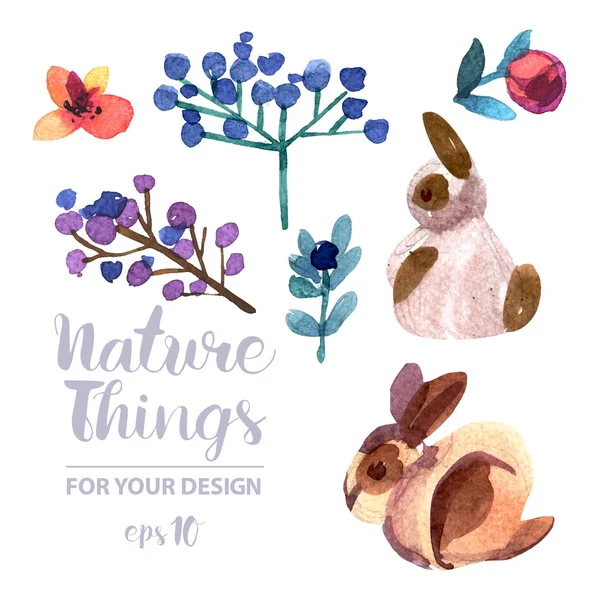 Watercolor Painted flowers and rabbits — Stockvector