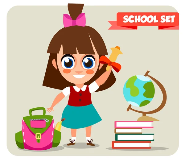 Back to school. Girl with bell. — Stock Vector