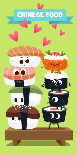 Funny characters. Japanese food. sushi — Stock Vector