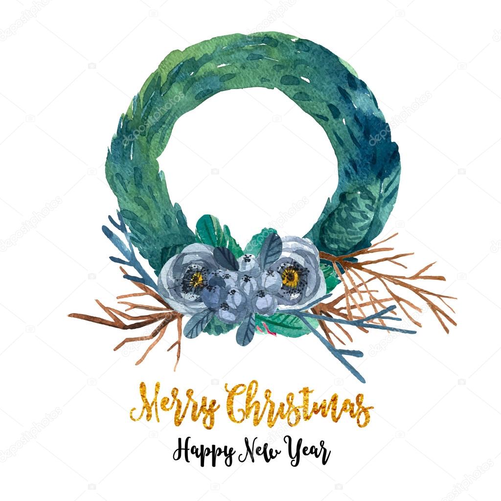 Corona di Natale dell acquerello Elementi dell acquerello Insieme floreale Collezione floreale colorato acquerello Disegno di inverno per invito