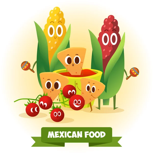 Mazorcas de maíz mexicanas, tomates y nachos — Vector de stock