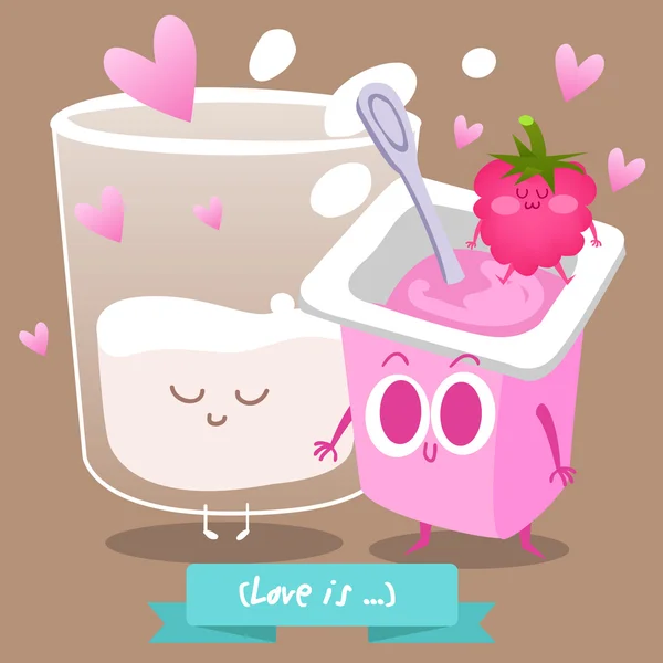 Leche y yogur enamorados — Vector de stock