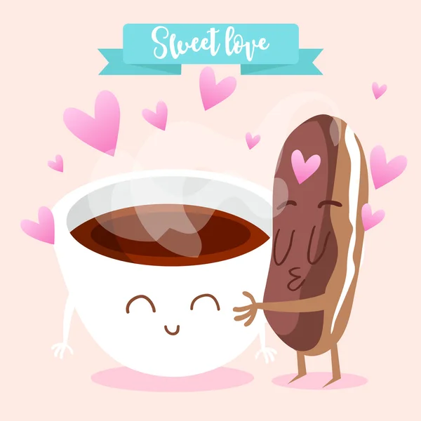 Taza de café con eclairs . — Vector de stock