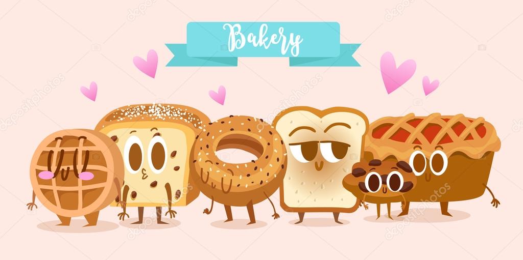Bakery and pastry products set: bread, sweet bun, pie, bagel, cookie and waffle for bakery shop or food design.